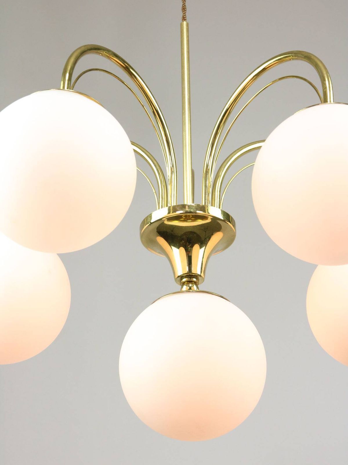 Vintage Golden & Opaline Glass 5 Arm Chandelier, 70s photo Lighting