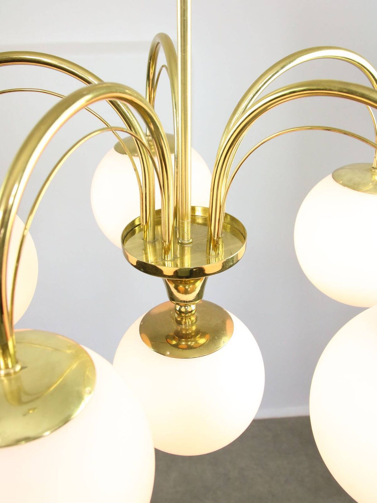 photo vinterior Vintage Golden & Opaline Glass 5 Arm Chandelier, 70s