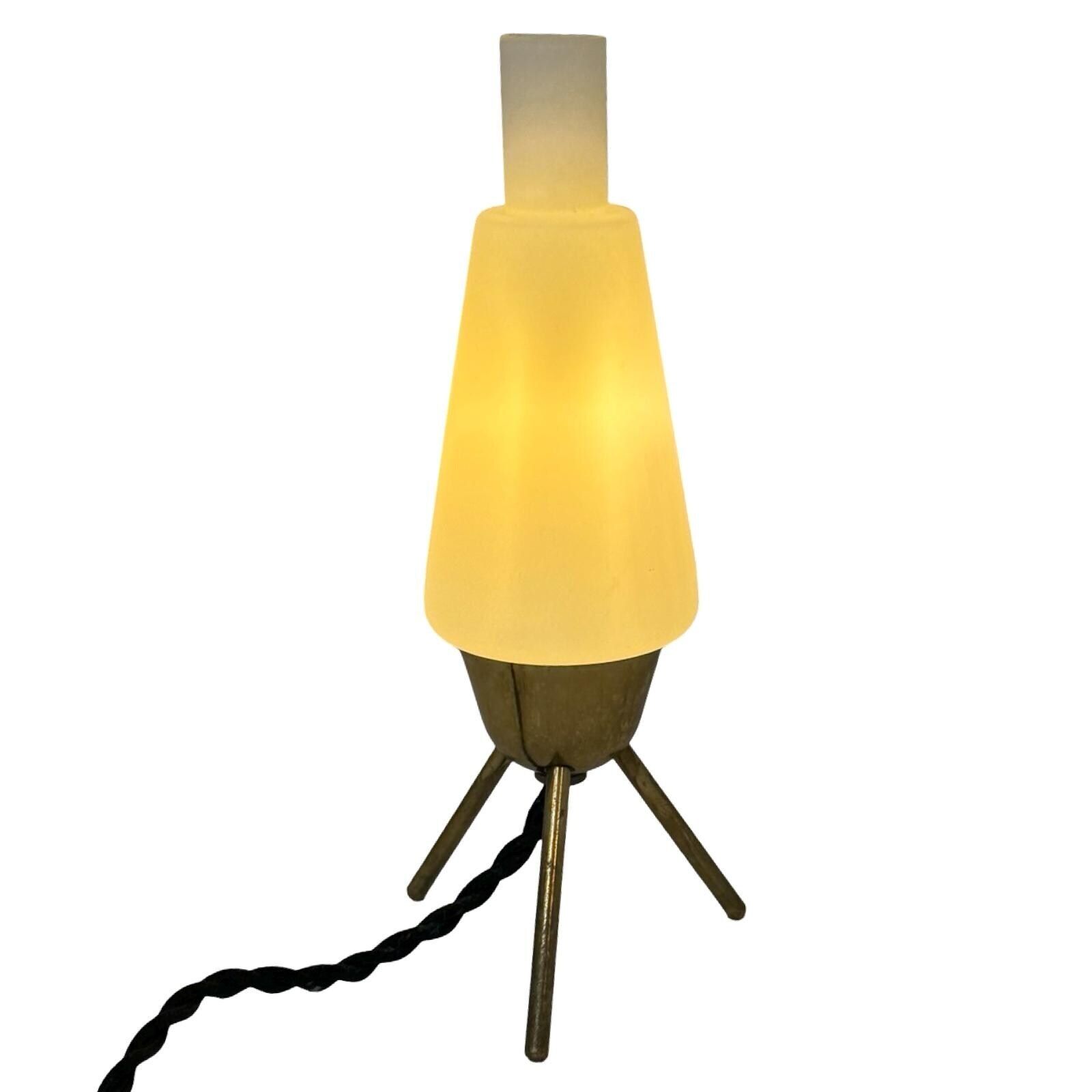 Atomic Age / Mid Century Modern   Tripod Lamp With White Satin Glass Shade On Brass Feet