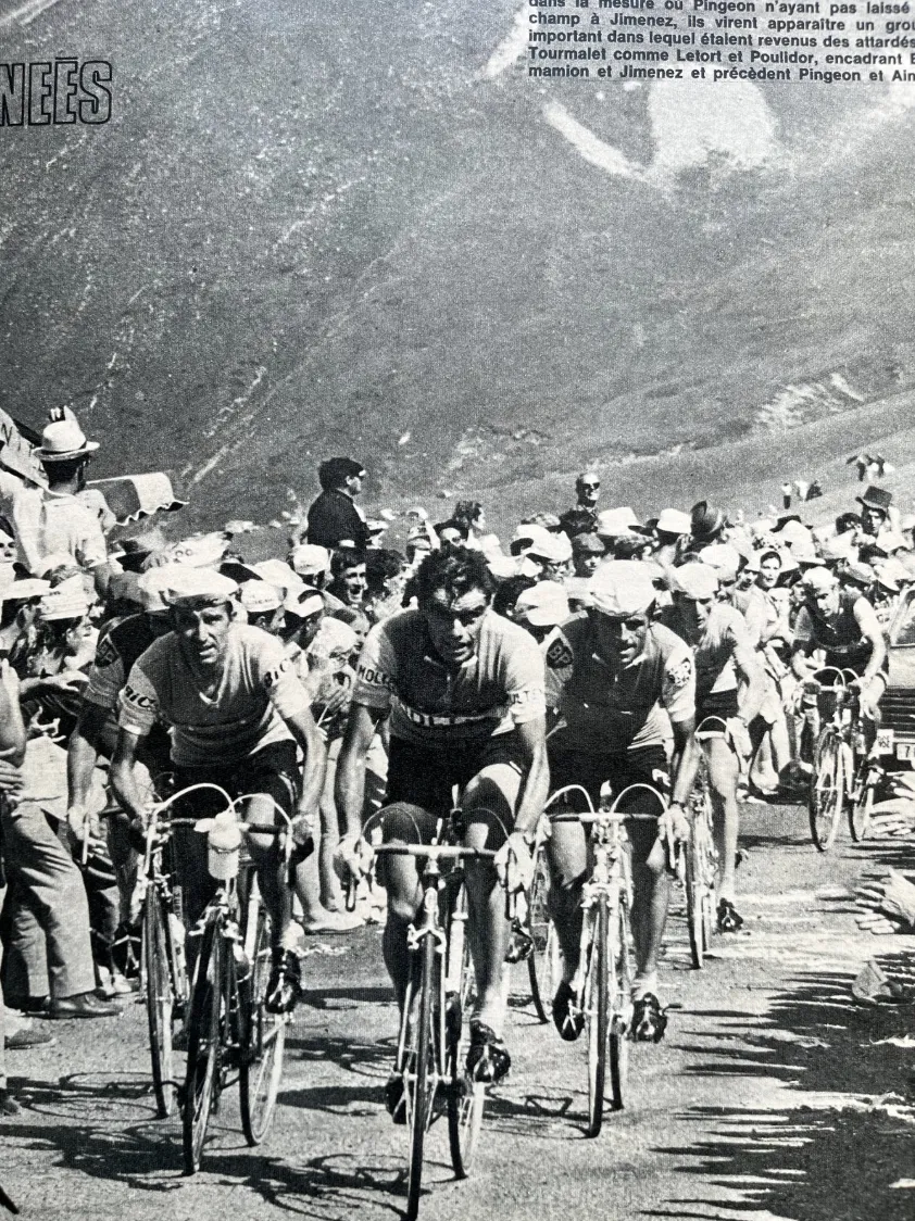 Vintage Cycling Print  Tour De France, Pingeon, Jimenez 1965 Col D’aubisque photo for sale