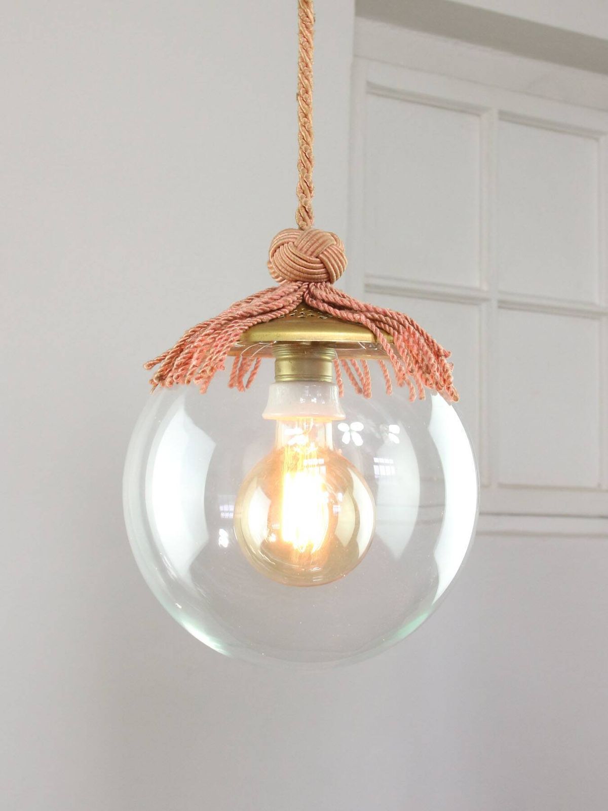 Art Deco Italian Pink Fabric And Brass Globe Pendant Lamp photo furniture