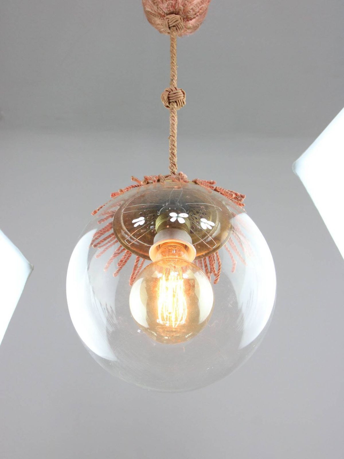 photo buy Art Deco Italian Pink Fabric And Brass Globe Pendant Lamp