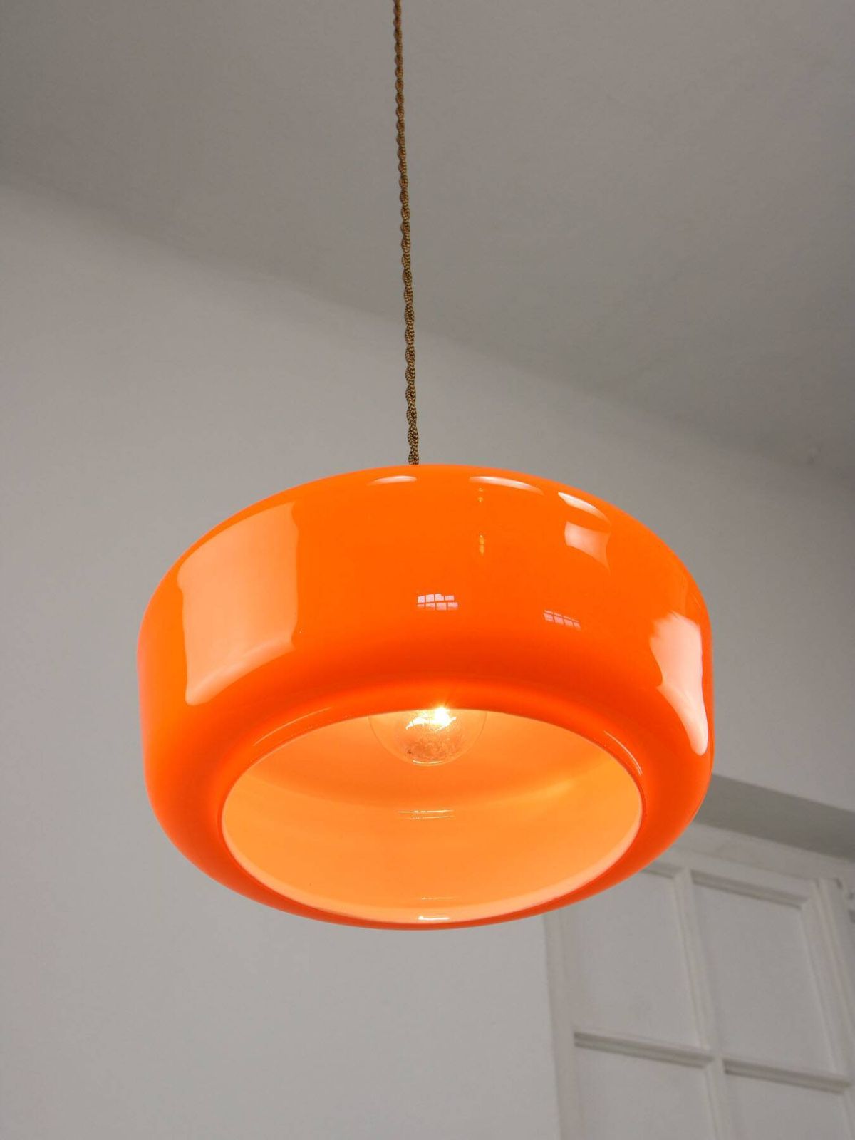 photo furniture Mid Century Modern Italian Orange Glass And Brass Pendant Lamp