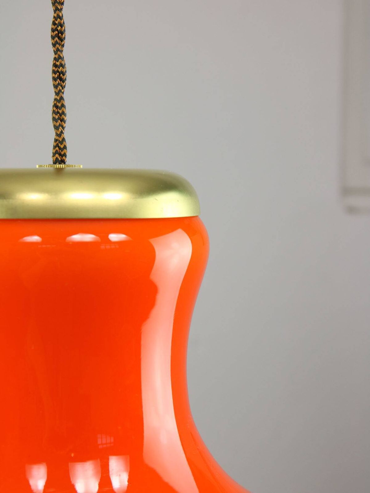 photo for sale Mid Century Modern Italian Orange Glass And Brass Pendant Lamp