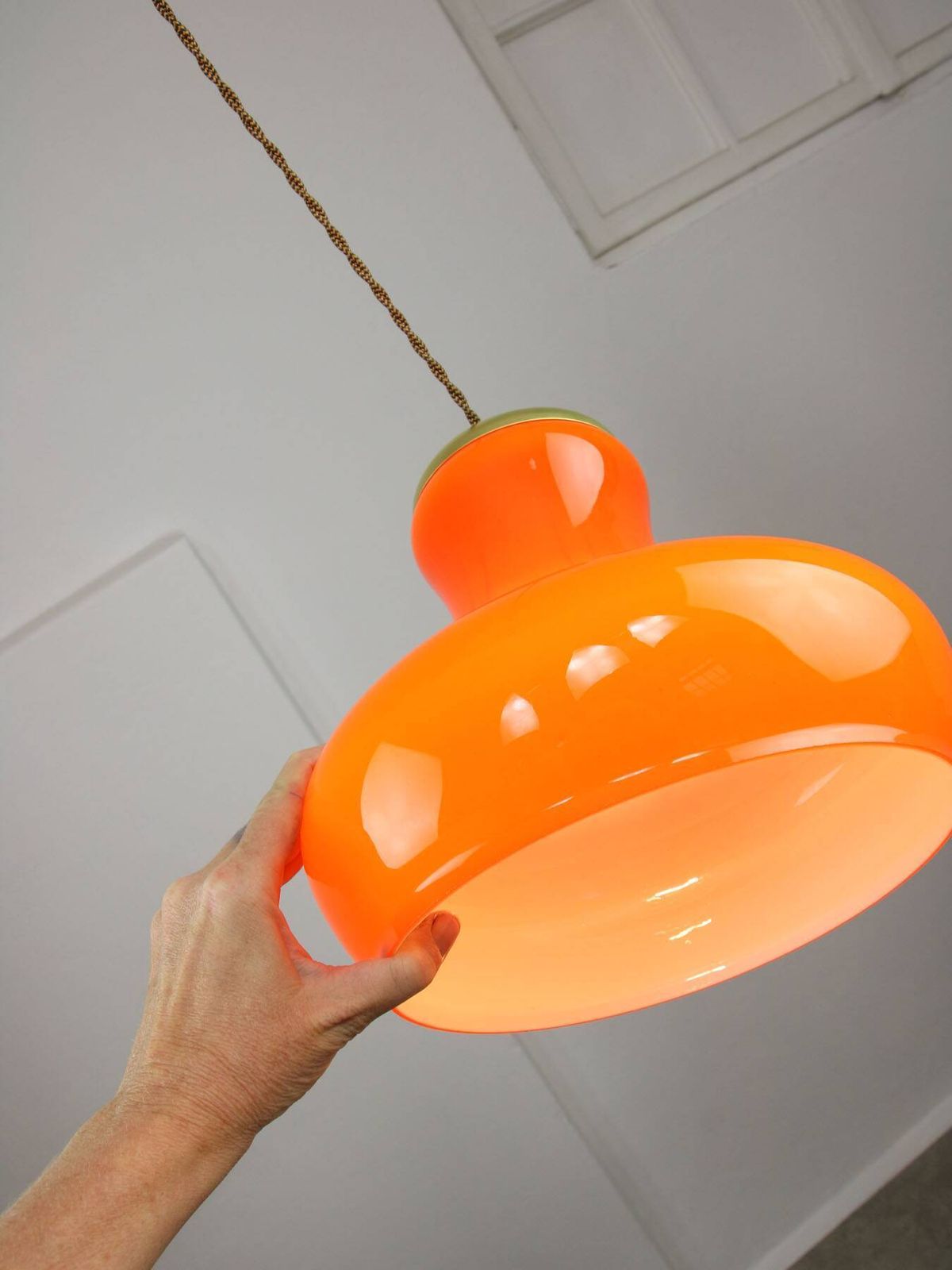 583.0 Mid Century Modern Italian Orange Glass And Brass Pendant Lamp photo