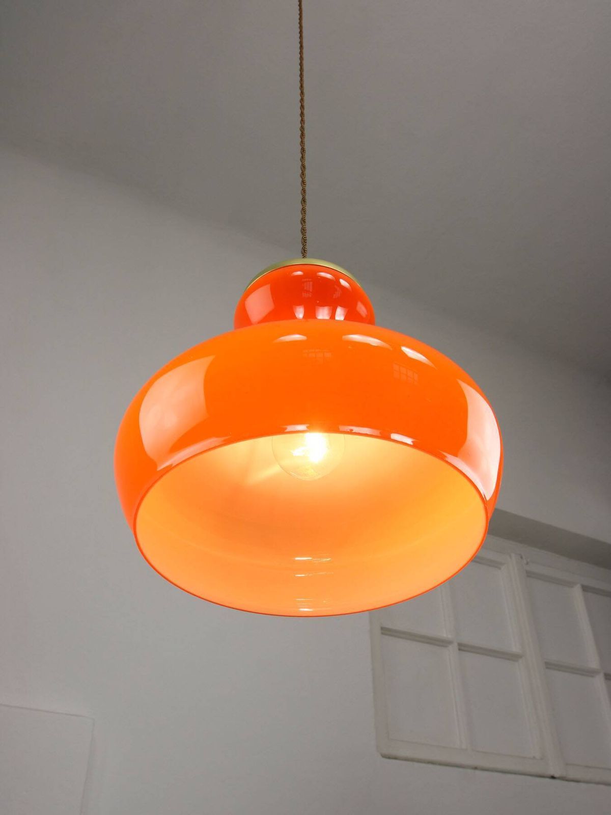 photo vinterior Mid Century Modern Italian Orange Glass And Brass Pendant Lamp