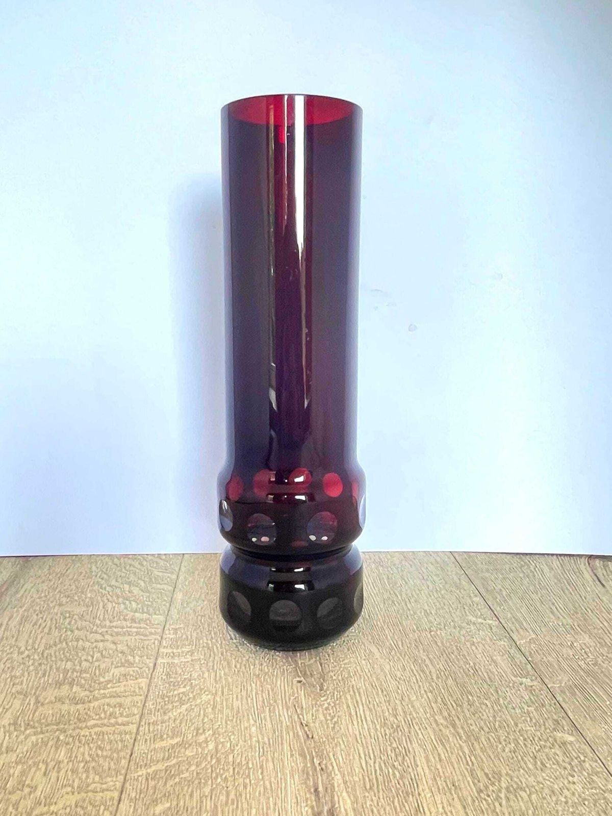 Tall Black Cherry Red Mid Century German Glass Vase With Clear Windows photo Home Decor