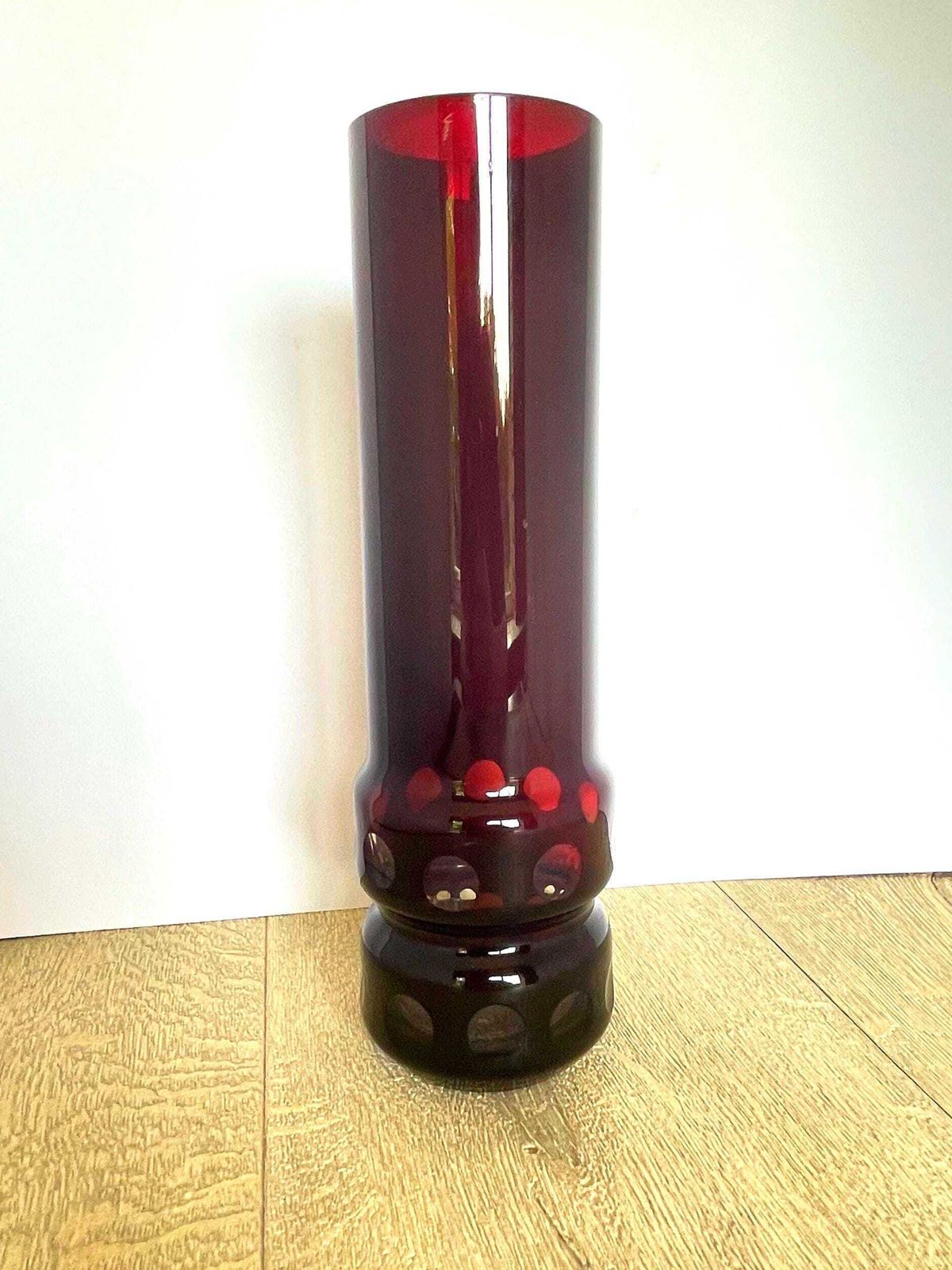 Tall Black Cherry Red Mid Century German Glass Vase With Clear Windows photo vintage