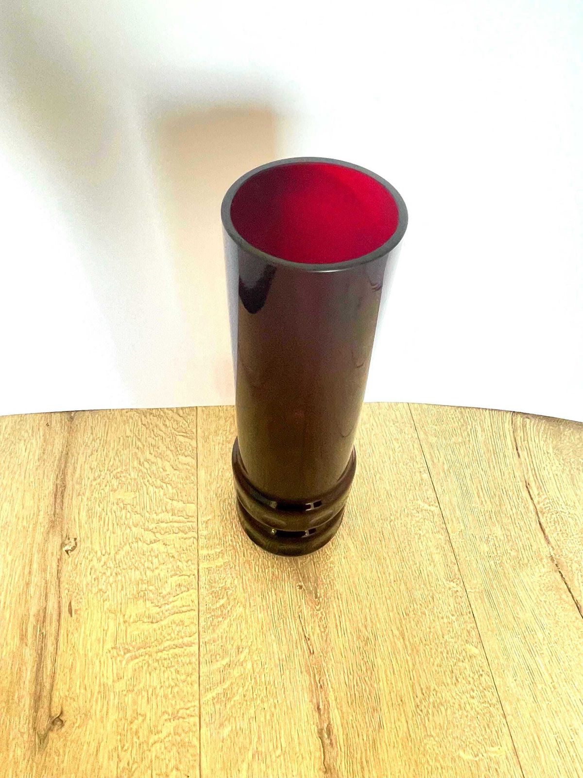 photo furniture Tall Black Cherry Red Mid Century German Glass Vase With Clear Windows