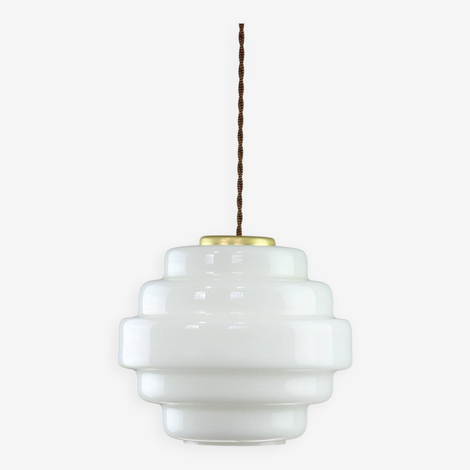 Mid Century Italian Brass And Opaline Glass Pendant Lamp