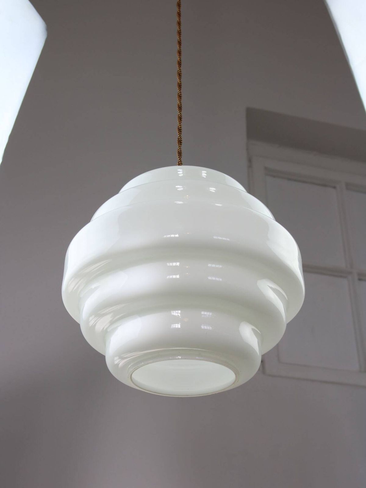 Mid Century Italian Brass And Opaline Glass Pendant Lamp photo for sale