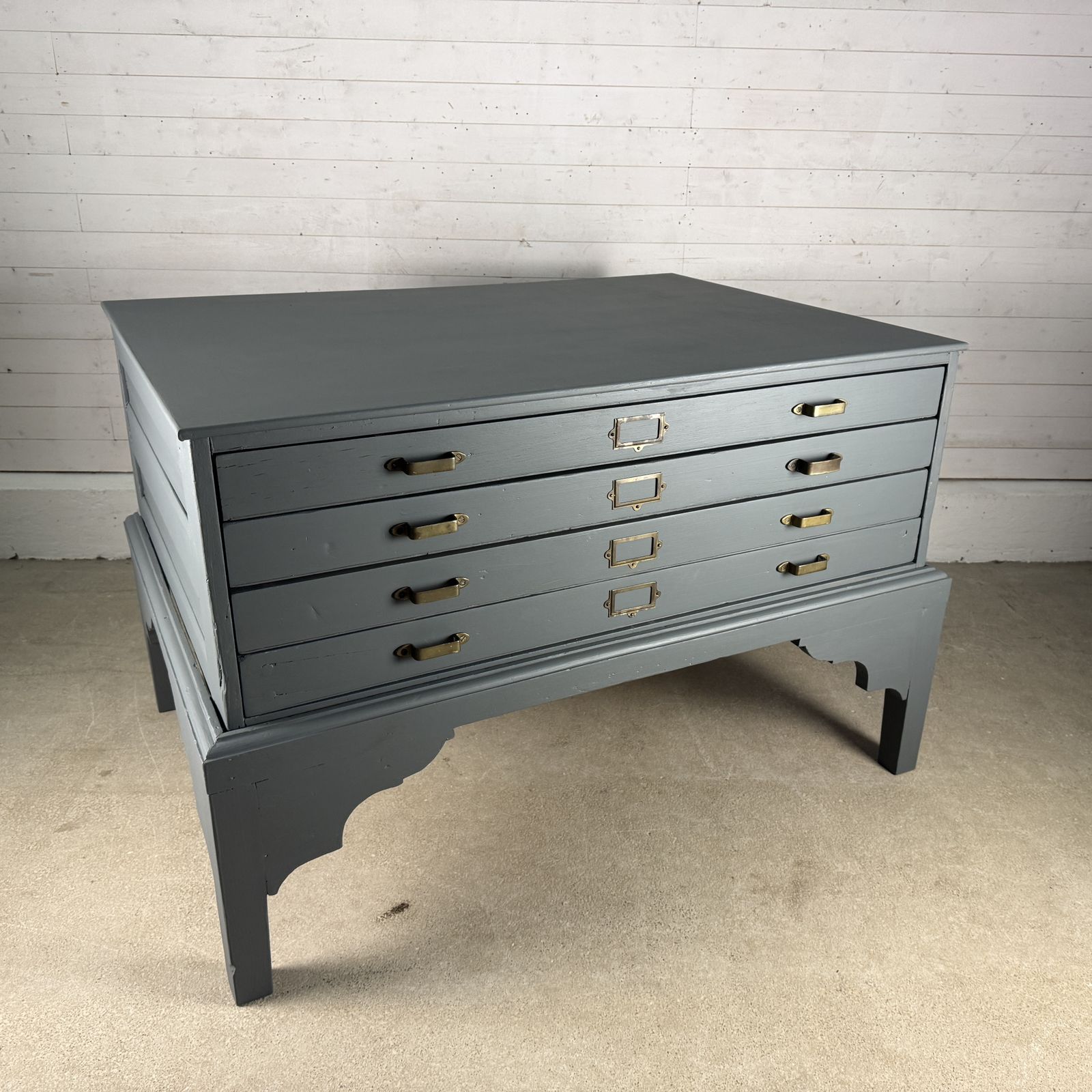 Large Painted Antique 4 Drawer Plan Chest On Stand With Later Top photo furniture