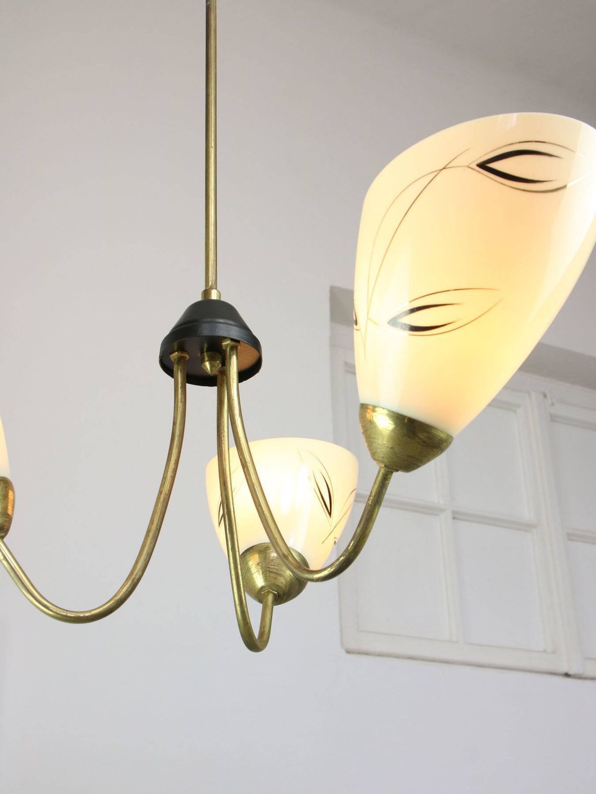 Italian Art Deco Chandelier In Brass And Yellow Glass, 1940s photo vinterior