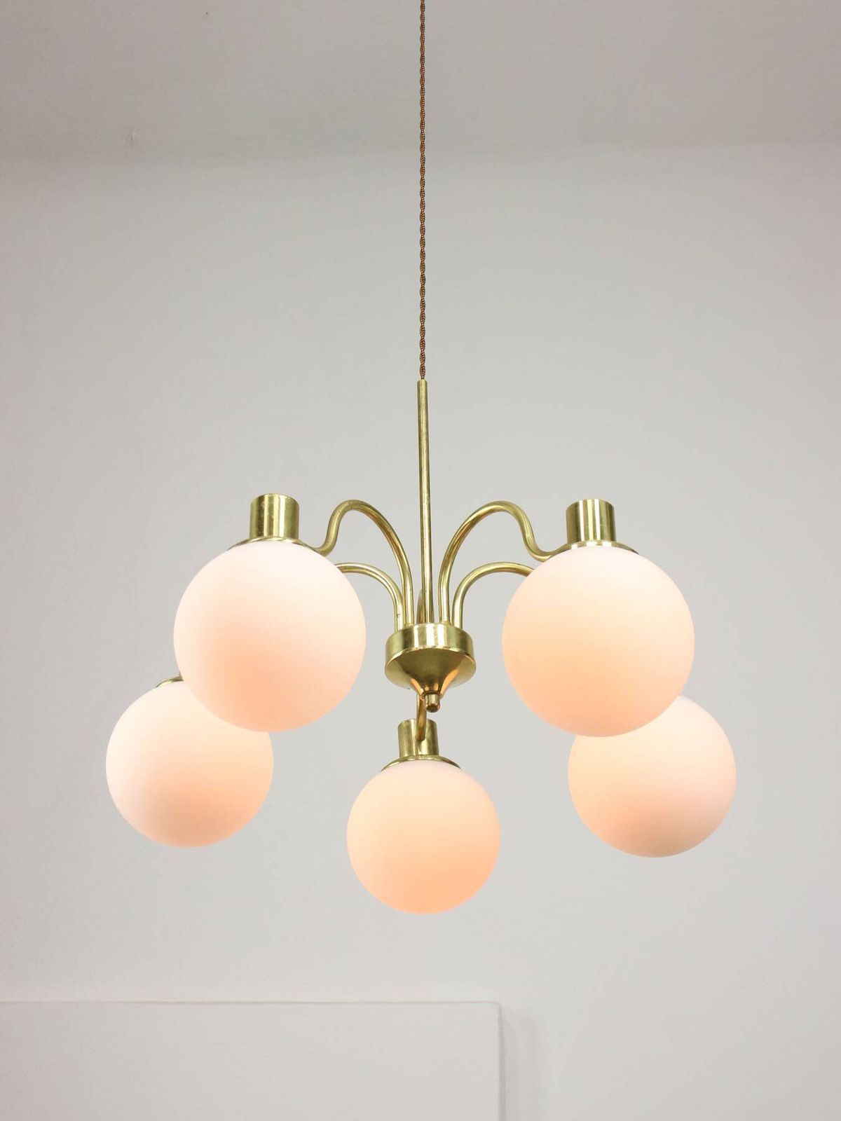 Italian Mid Century Modern Chandelier In Brass And Opaline Glass, 1960s photo vinterior