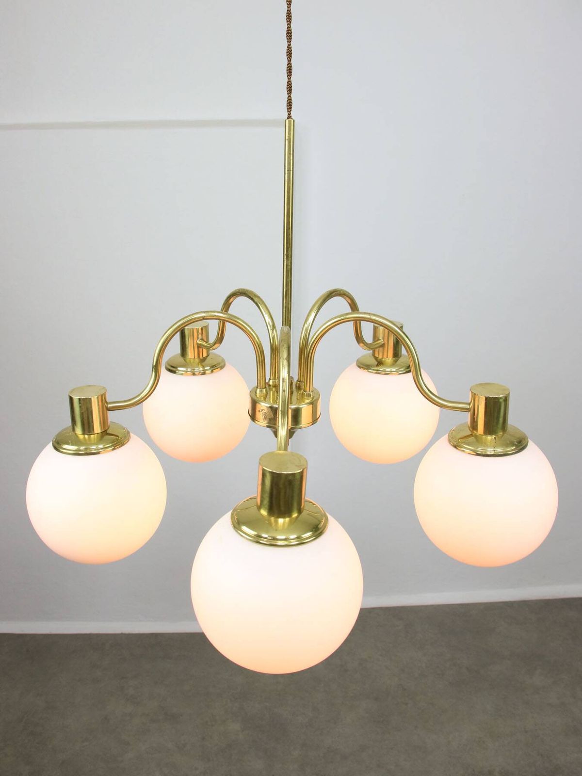 photo for sale Italian Mid Century Modern Chandelier In Brass And Opaline Glass, 1960s