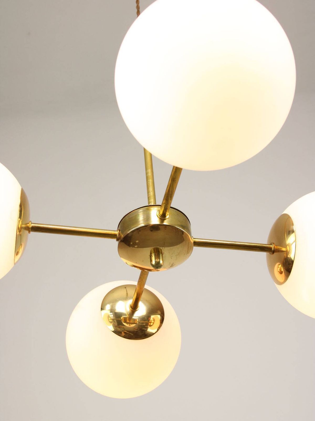Italian Mid Century Golden Sputnik Chandelier With Opaline Shades, 1960s photo furniture