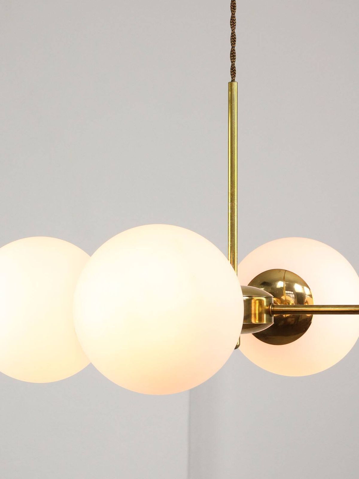 Italian Mid Century Golden Sputnik Chandelier With Opaline Shades, 1960s photo 730.0