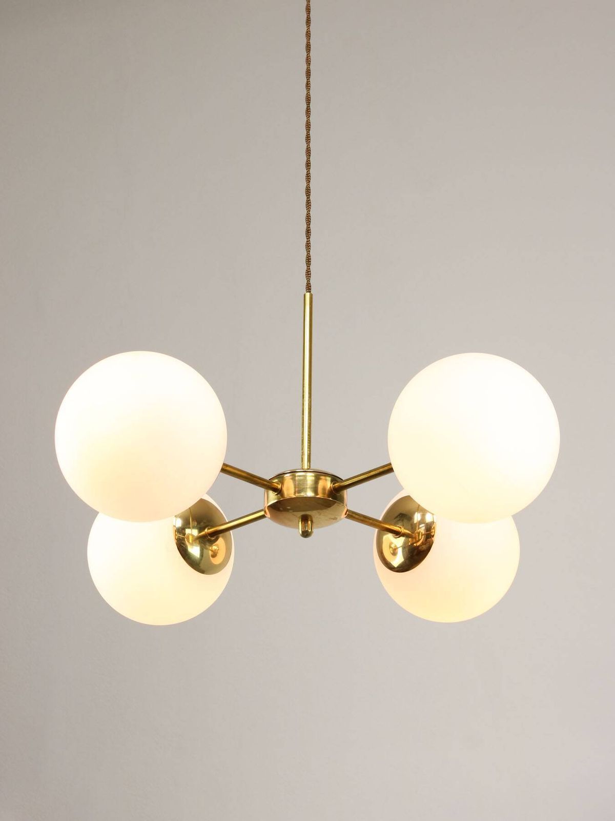 photo furniture Italian Mid Century Golden Sputnik Chandelier With Opaline Shades, 1960s