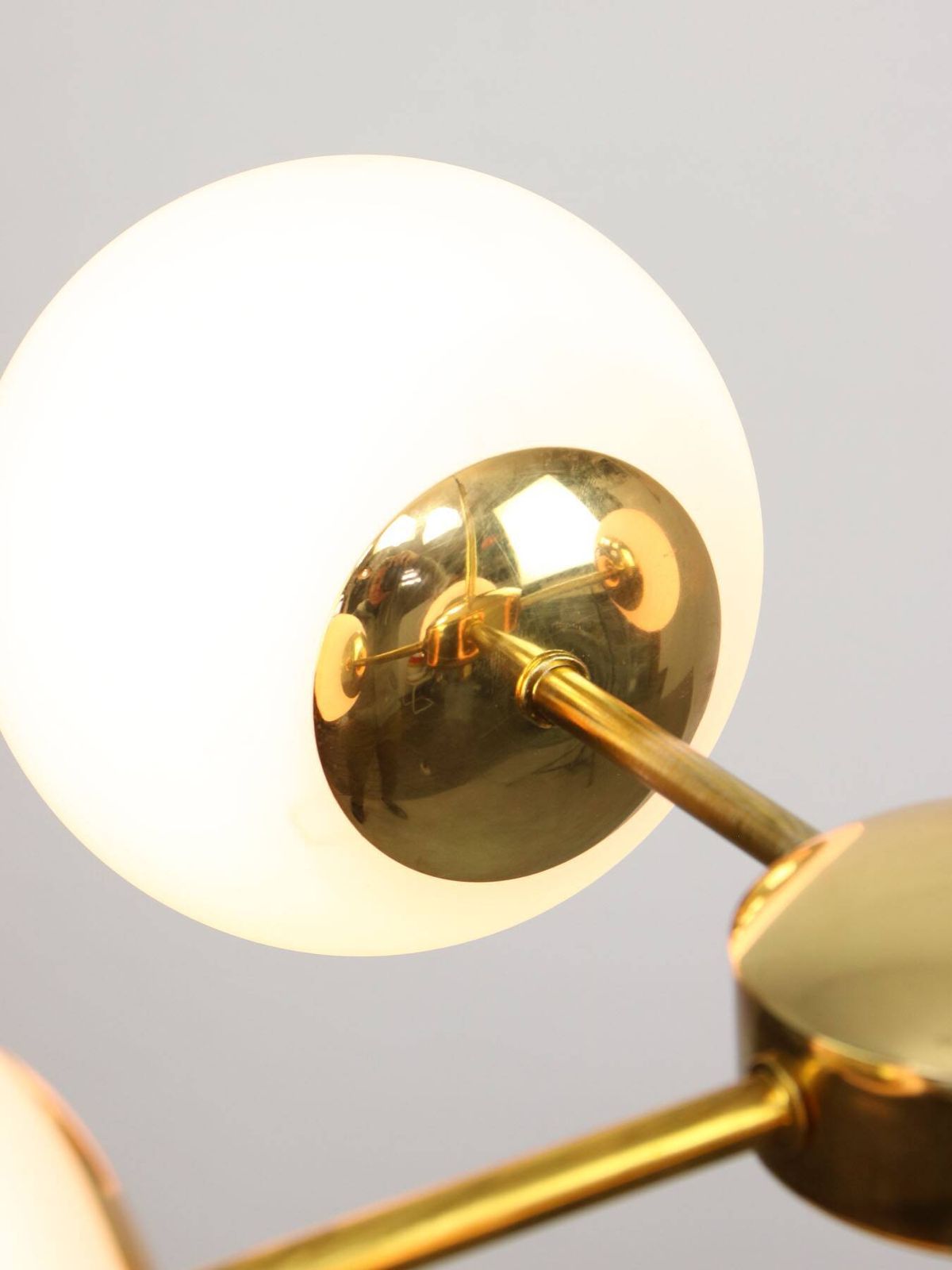 photo buy Italian Mid Century Golden Sputnik Chandelier With Opaline Shades, 1960s
