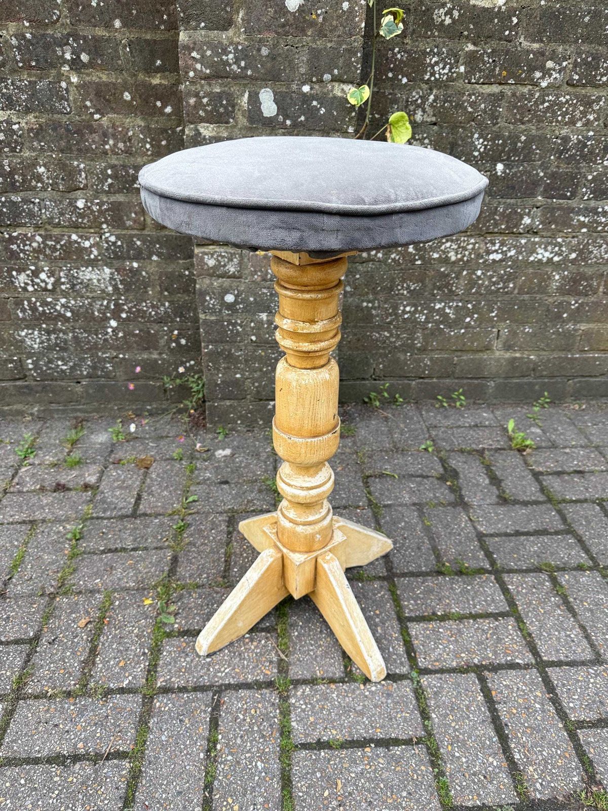 Tall Rustic Bar Stool In Distressed Pine | Cream Pedestal Stool With Grey Velvet Seat | Farmhouse Kitchen Breakfast Vintage Decor photo furniture