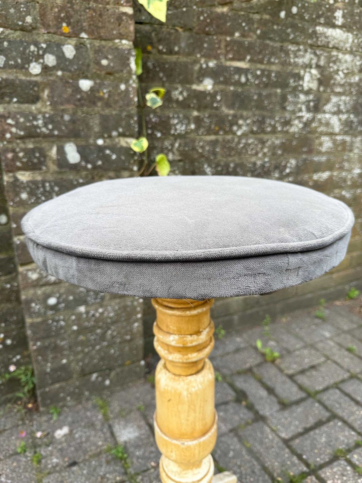 Tall Rustic Bar Stool In Distressed Pine | Cream Pedestal Stool With Grey Velvet Seat | Farmhouse Kitchen Breakfast Vintage Decor photo vinterior
