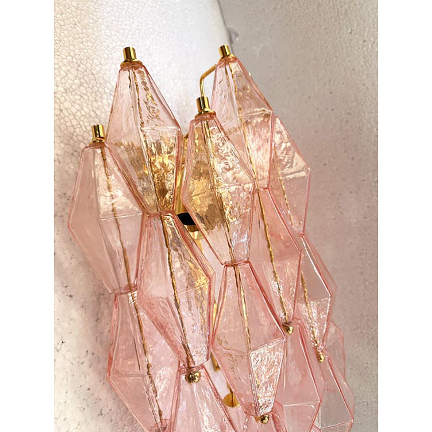Set Of Two Contemporary Pink “Poliedri” Murano Glass Gold 24k Wall Sconces photo vinterior