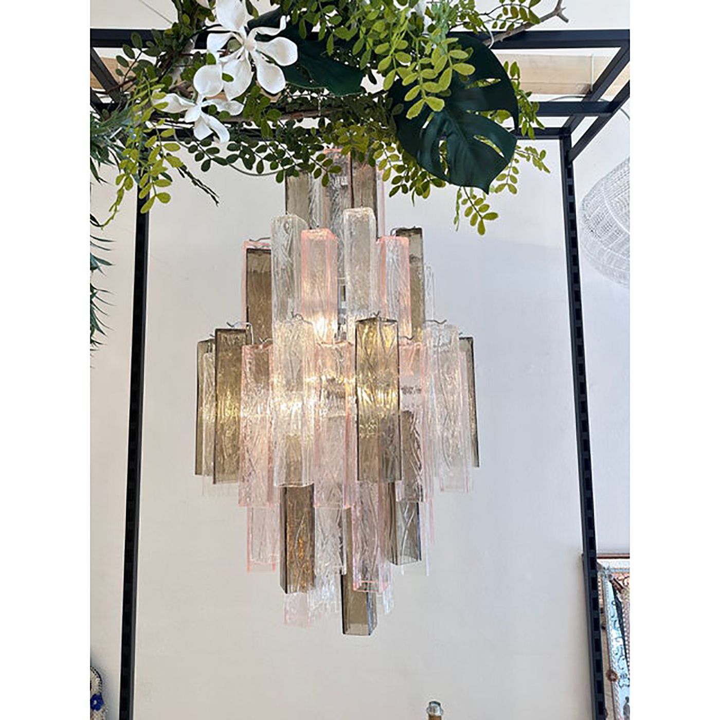 Contemporary Pink And Fumè “Squared Bark” Murano Glass Chandelier photo for sale