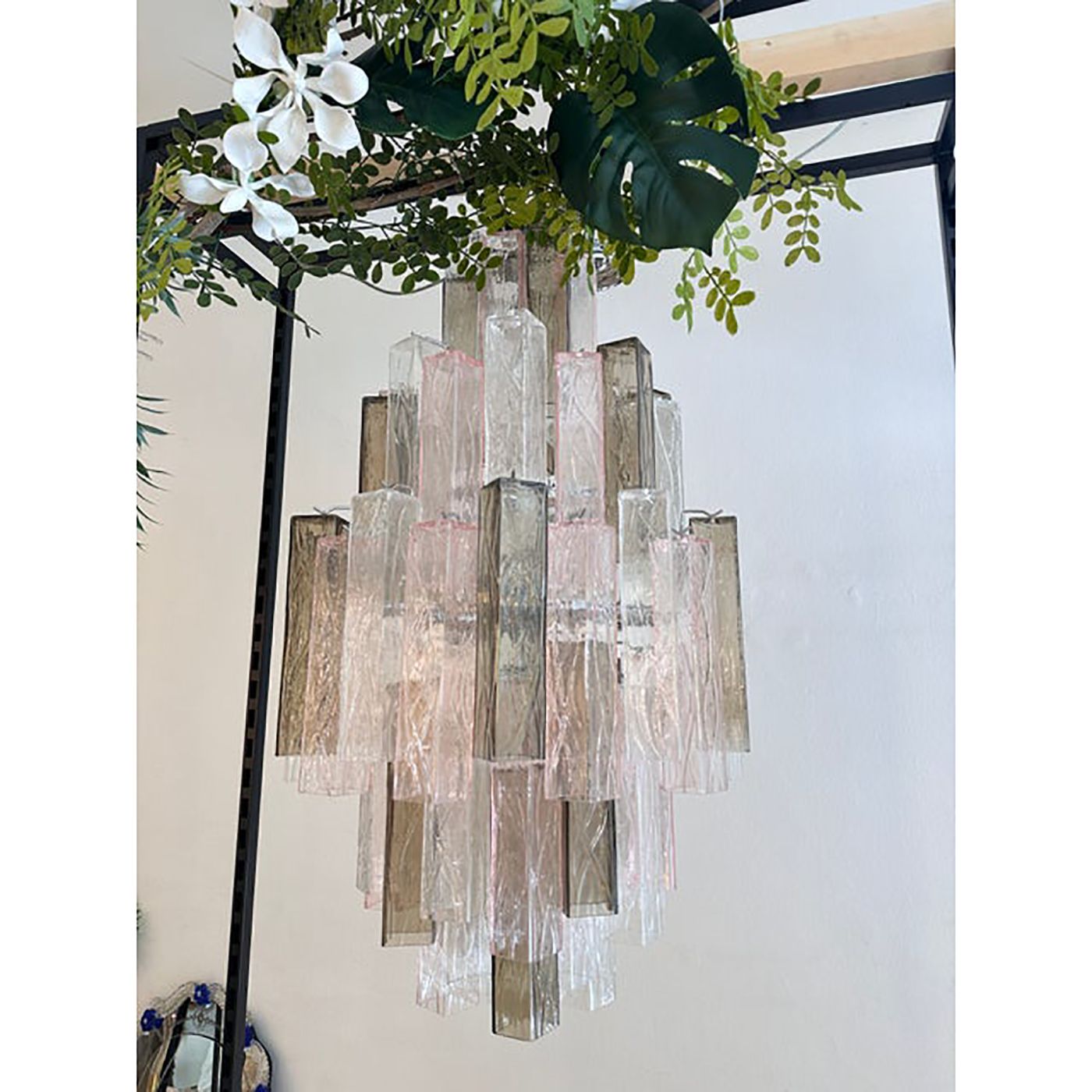 Contemporary Pink And Fumè “Squared Bark” Murano Glass Chandelier photo buy