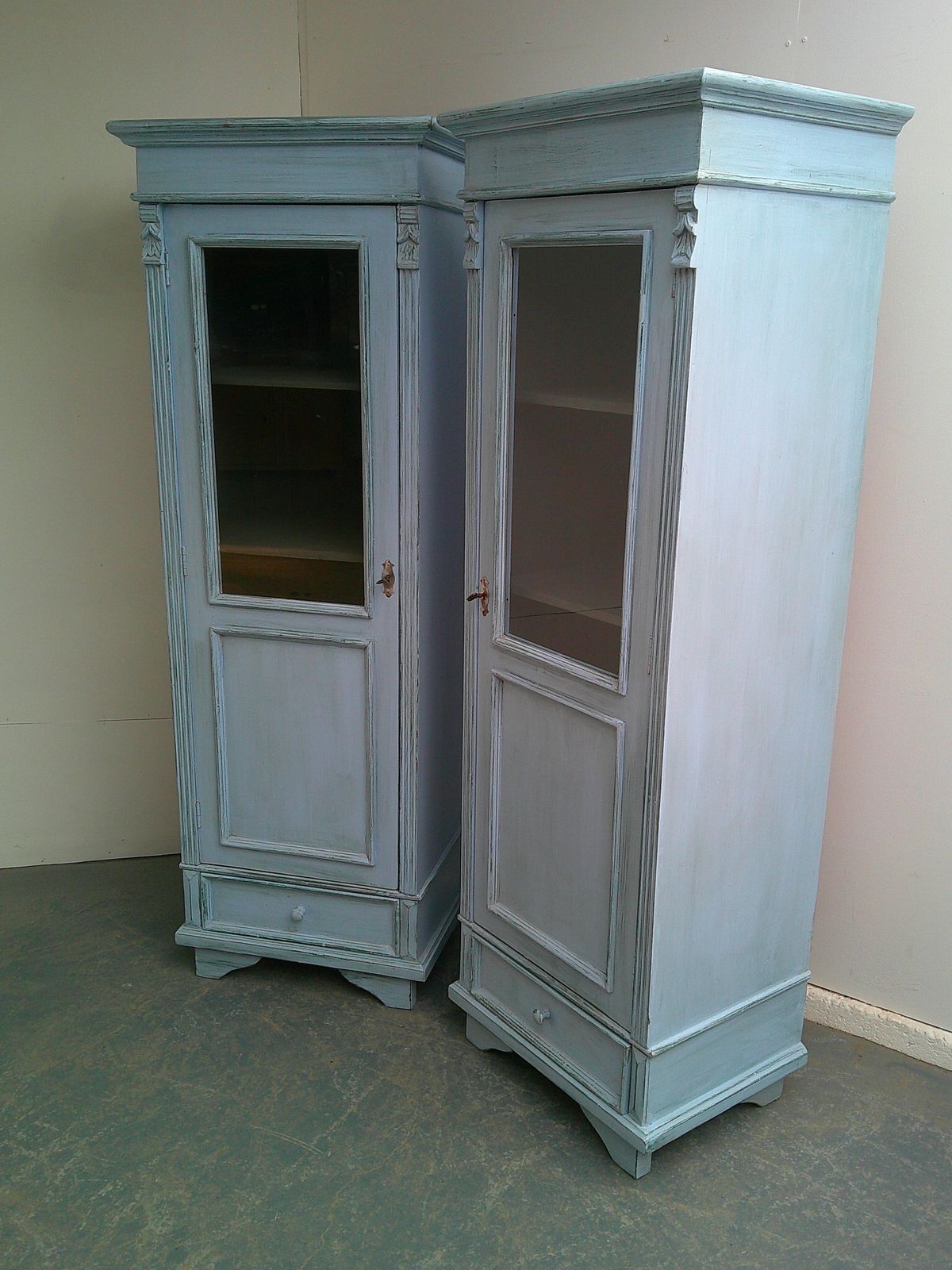 A Cracking Pair Of Sky Blue Antique Pine Kitchen Display Cabinets