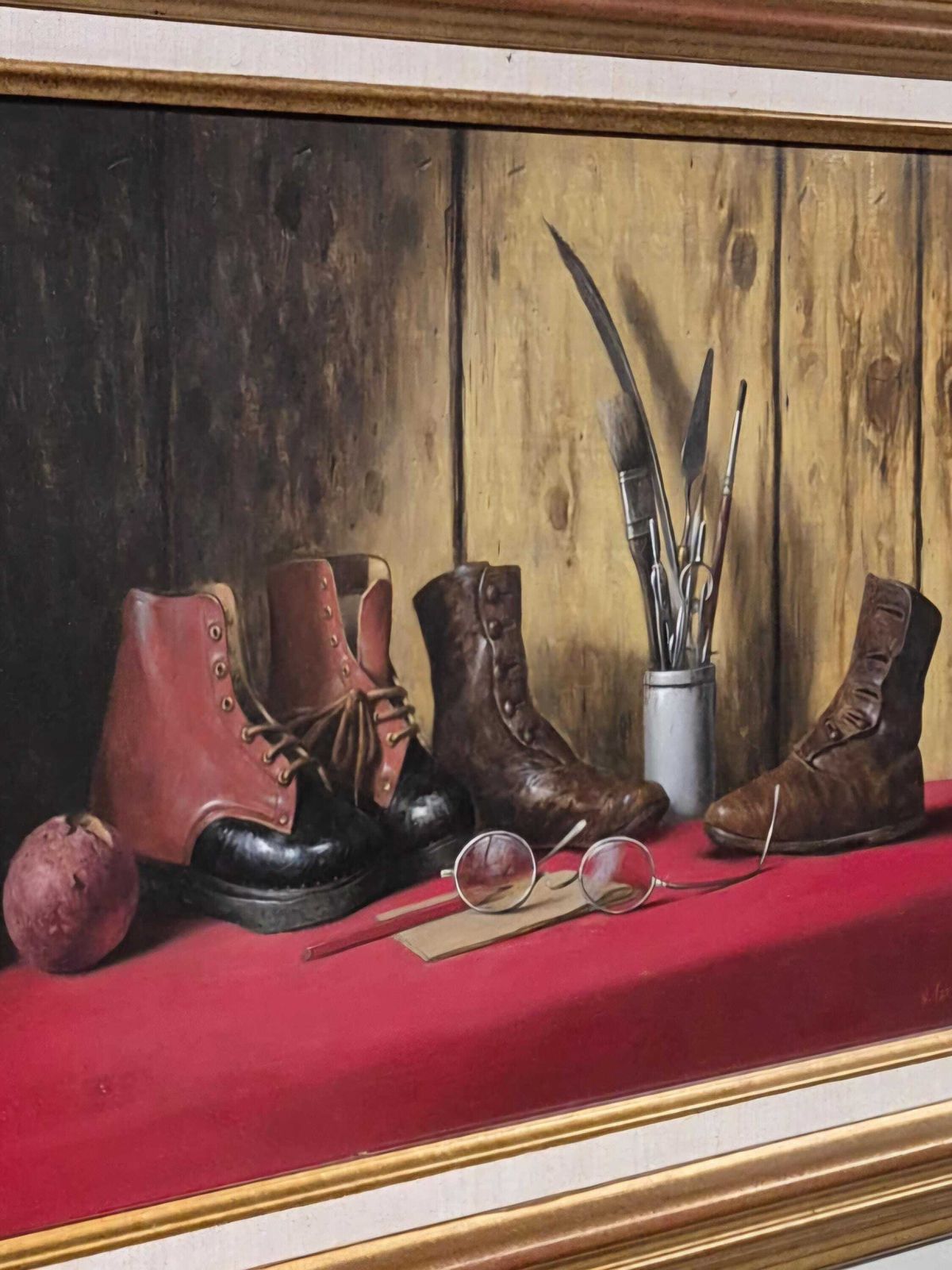 Werner Van Hoylandt (Belgium B.1951)   Boots Spectacles & Artists Tools   Still Life Oil On Panel photo furniture