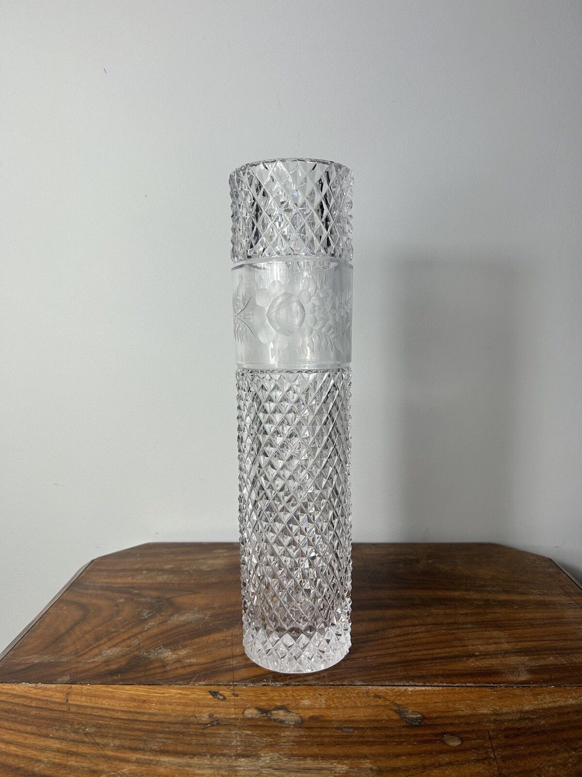 Stunning Diamond Cut English Heavy Lead Cut Crystal Vase 19th Century