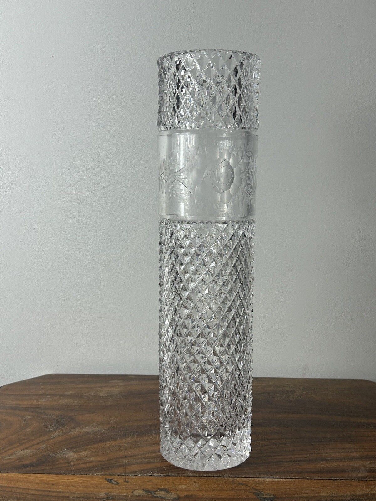 Stunning Diamond Cut English Heavy Lead Cut Crystal Vase 19th Century photo for sale