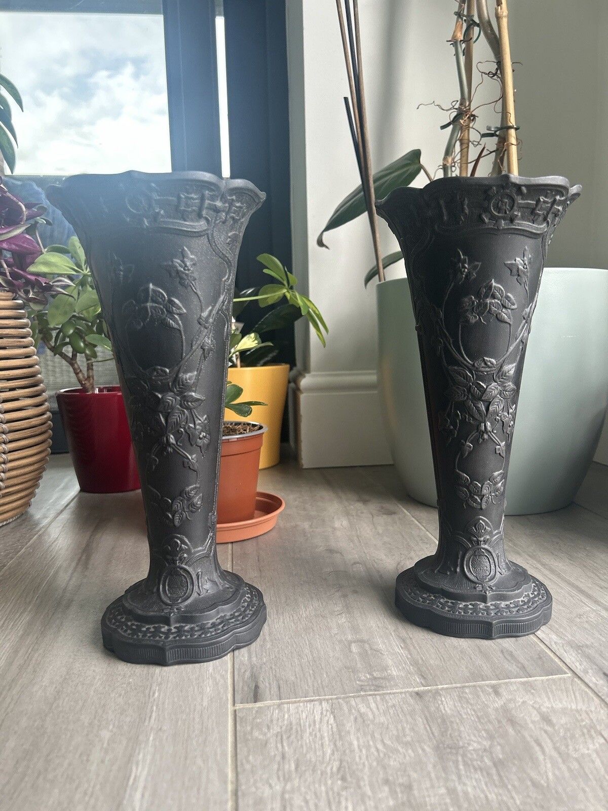 Wedgwood Basalt Vase Pair Black Jasperware Wedgwood Conical Grand Vases