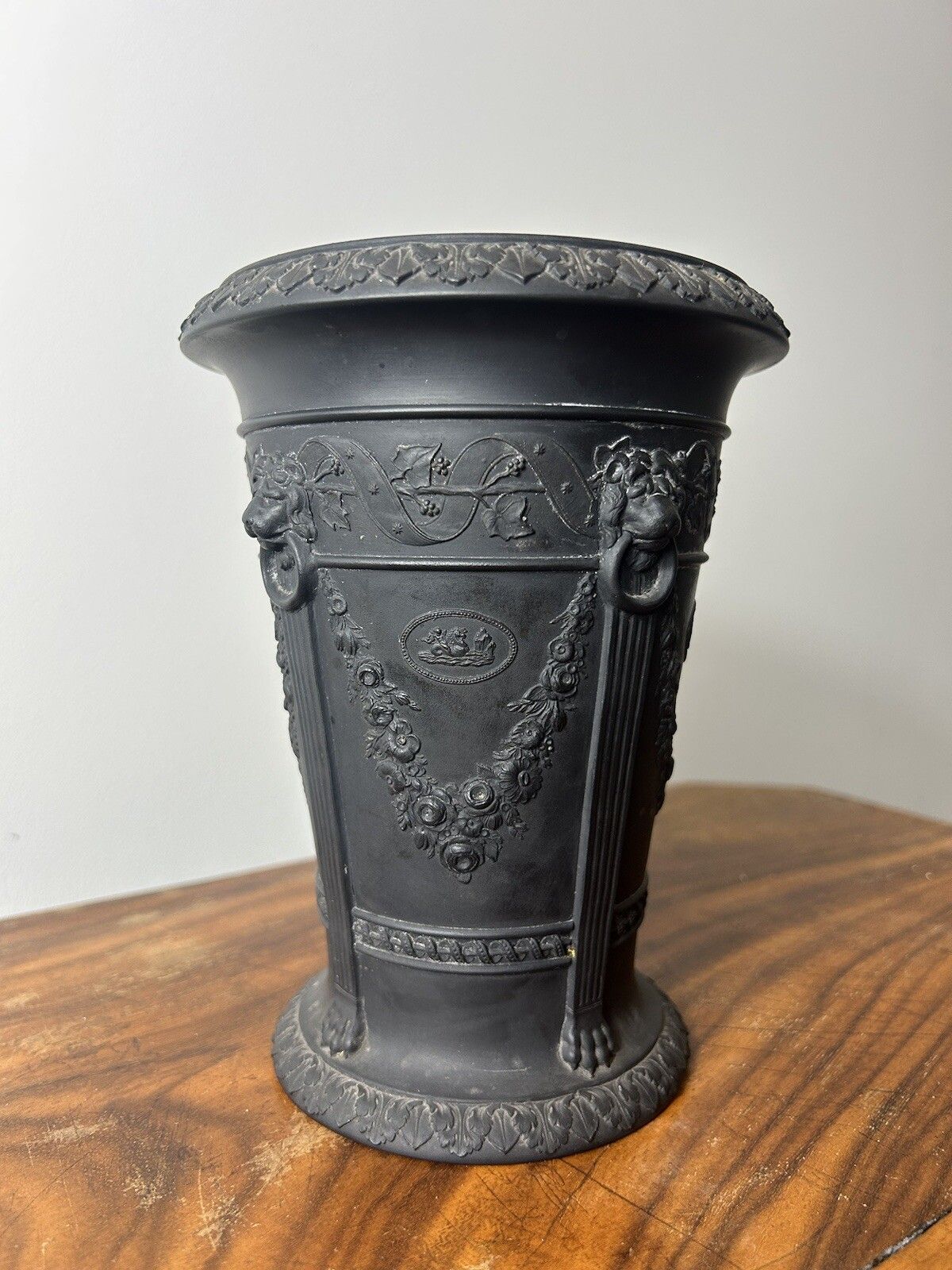 Large Wedgwood Black Basalt Conical Spigged Jasperware Monopodia Vase 17cm photo for sale