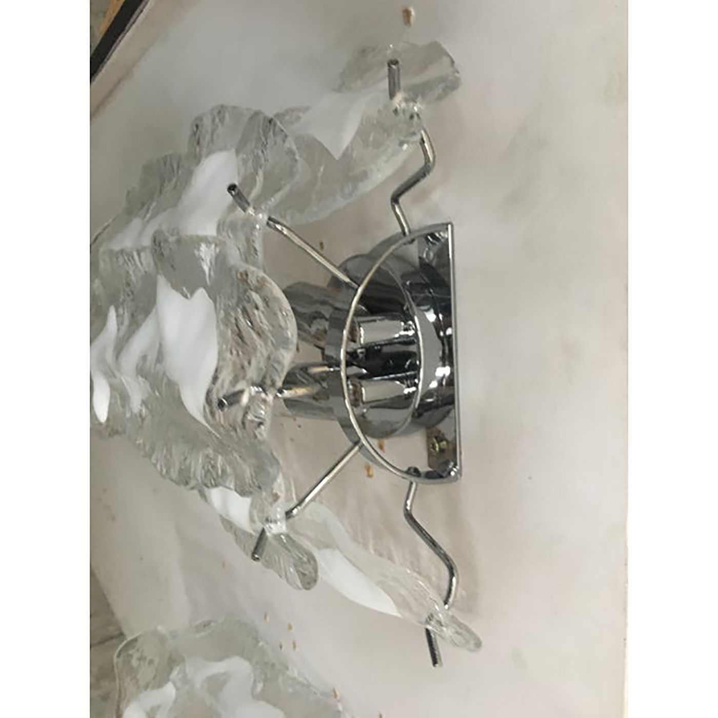 Lot Of 2 Transparent And White “Fiamma” Murano Glass Wall Sconces photo vintage