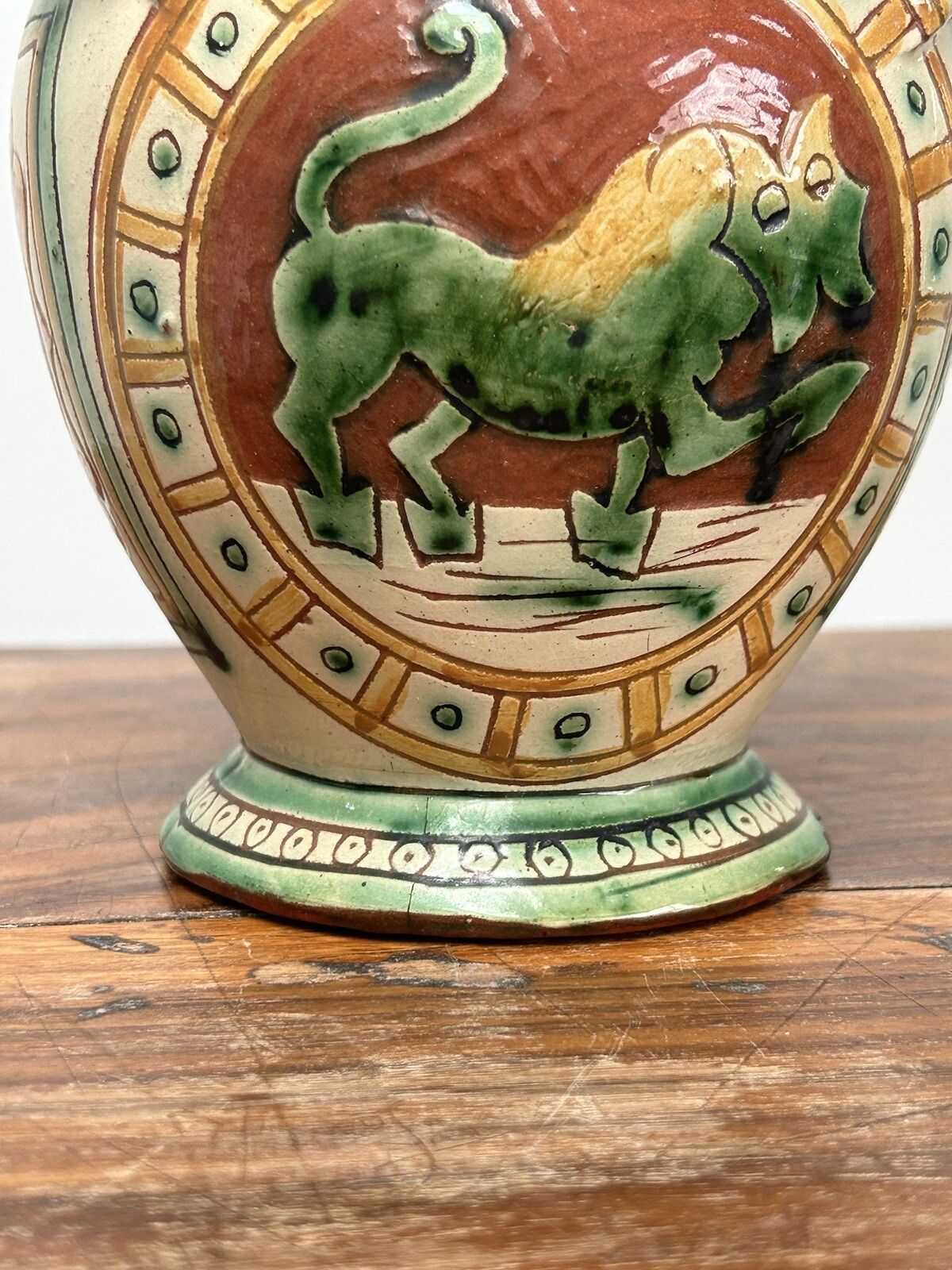 Antique Signed Italian Faience Lion Majolica Handled Terracotta Pottery Assisi photo for sale