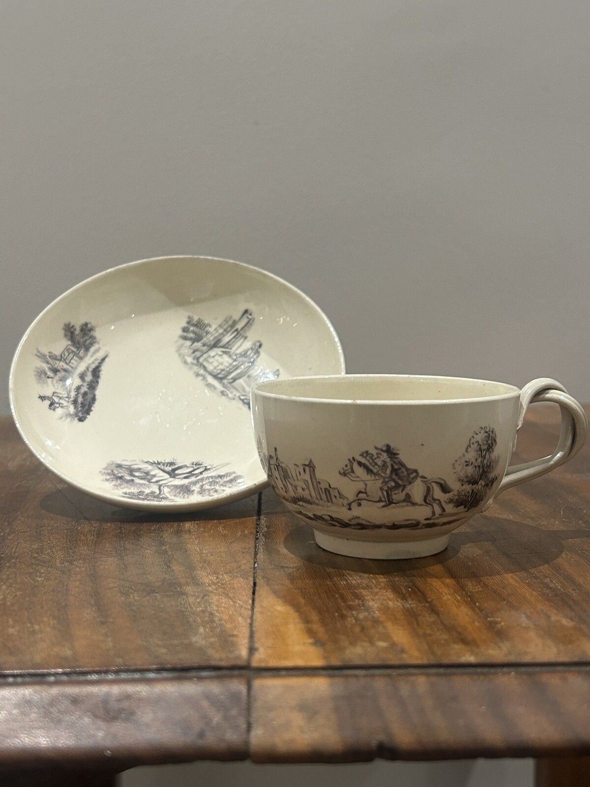 18th C Creamware Handpainted Twist Handle Creamware Teacup / Dish (Wedgwood?)