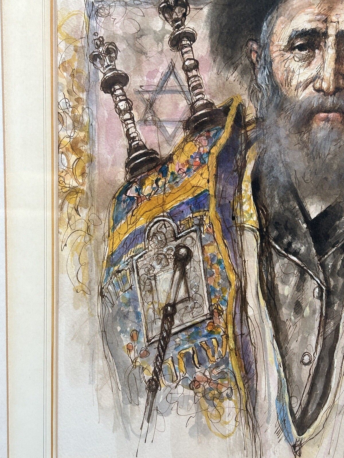 Exceptional Watercolour Jewish Rabbi With Torah Framed Signed Judaica photo Art