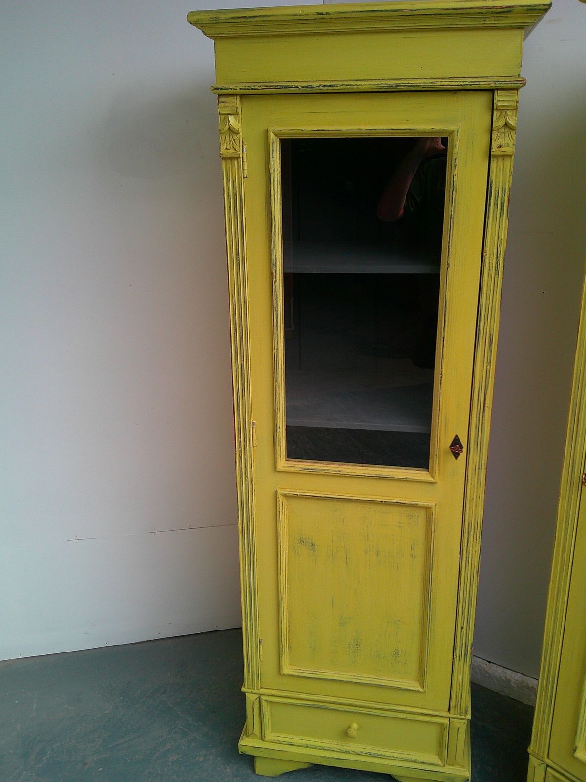 A Cracking Pair Of Yellow Antique Pine Kitchen / Bathroom Display Cabinets photo buy