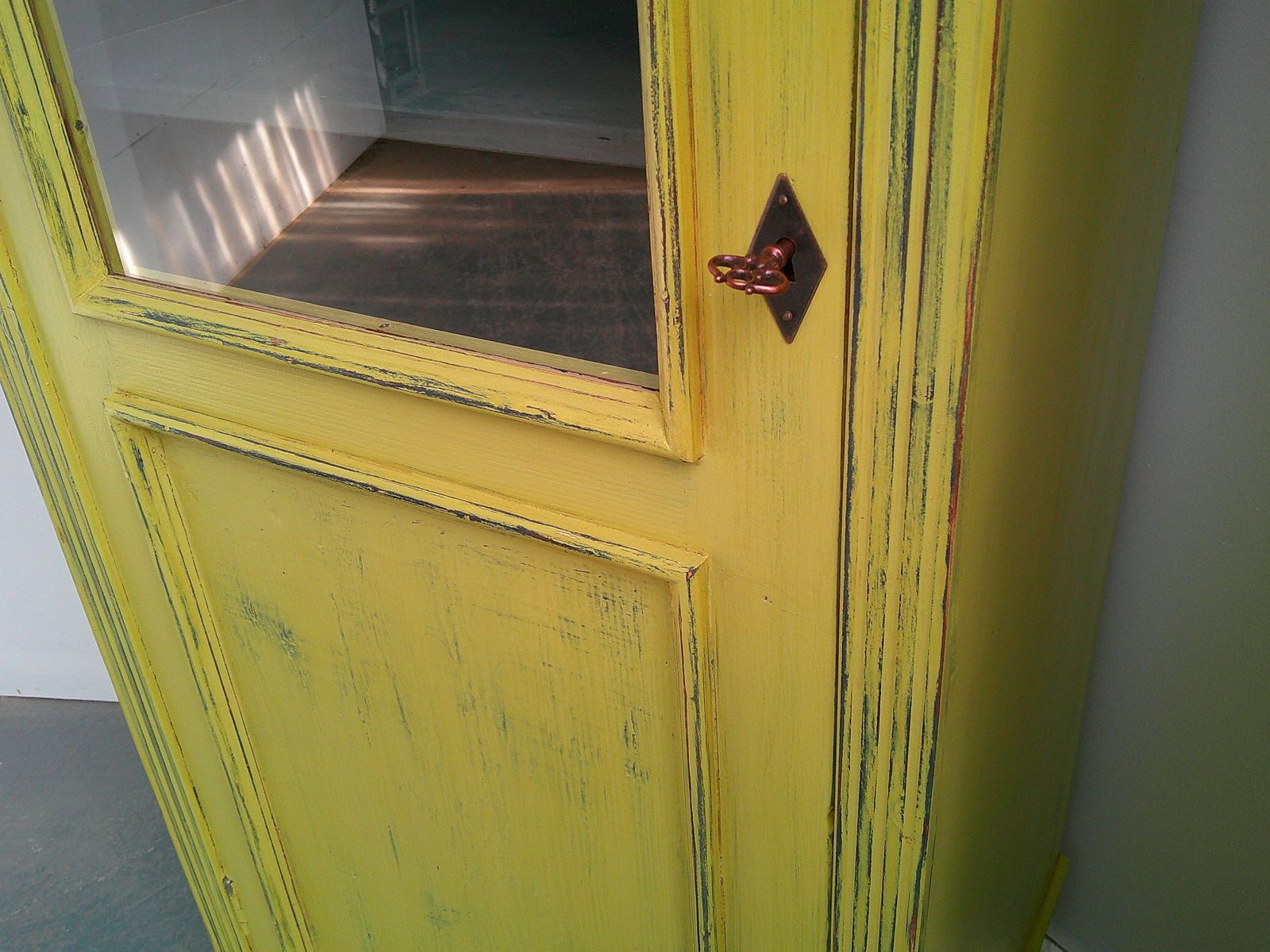 A Cracking Pair Of Yellow Antique Pine Kitchen / Bathroom Display Cabinets photo vintage