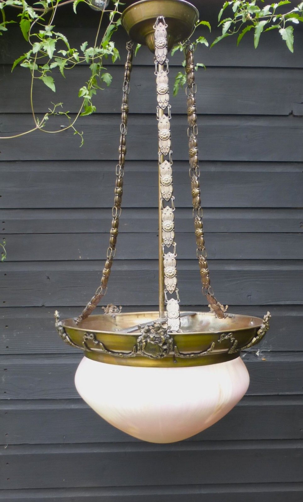 Art Deco Metal Cherubs Putti Pink /  Cream Flash Glass Plafonnier Ceiling Light