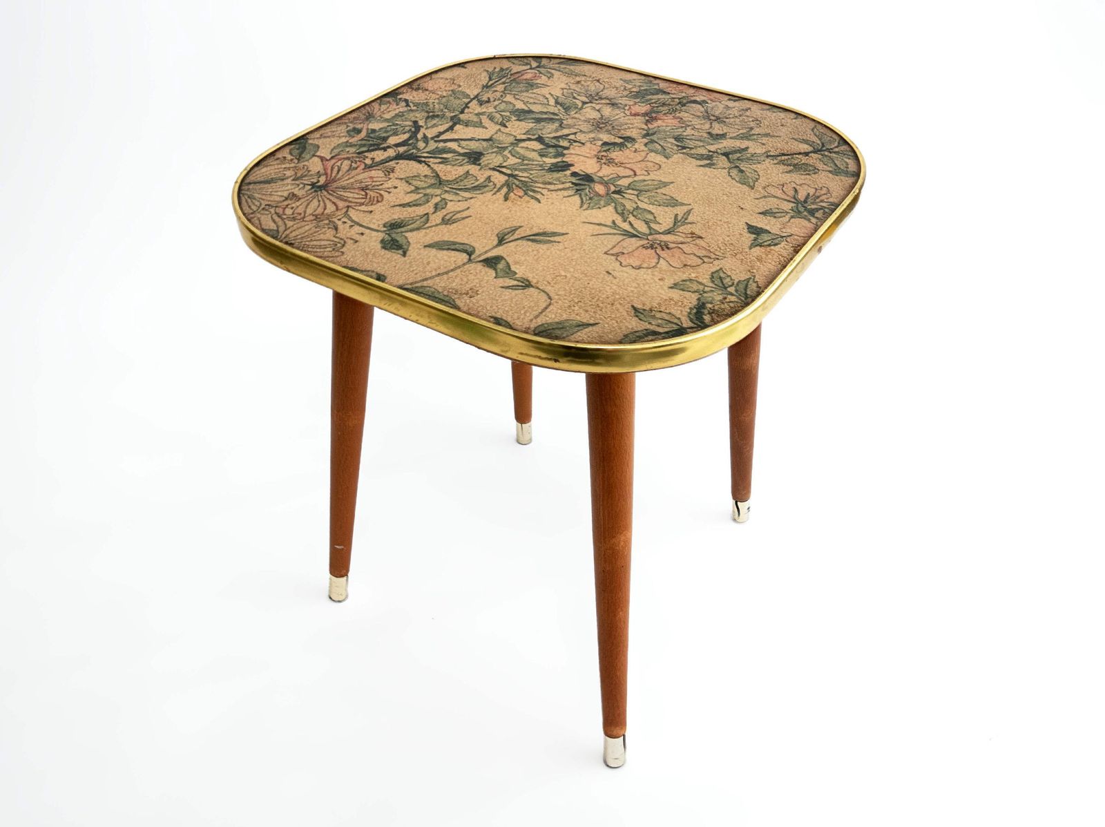 Vintage Foot Stool Plastic Top With Wooden Dansette Legs Gold Coloured Trim & Floral Design Mid Century Home Decor 1960s