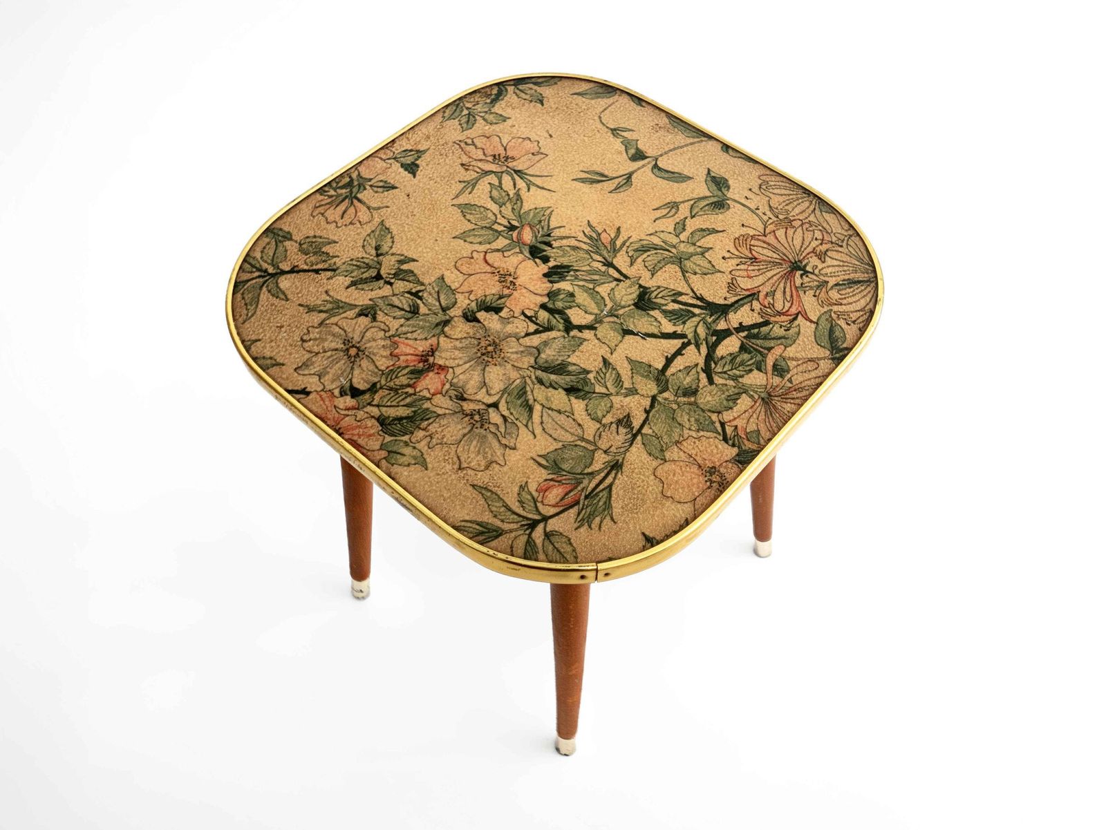 Vintage Foot Stool Plastic Top With Wooden Dansette Legs Gold Coloured Trim & Floral Design Mid Century Home Decor 1960s photo 60.0