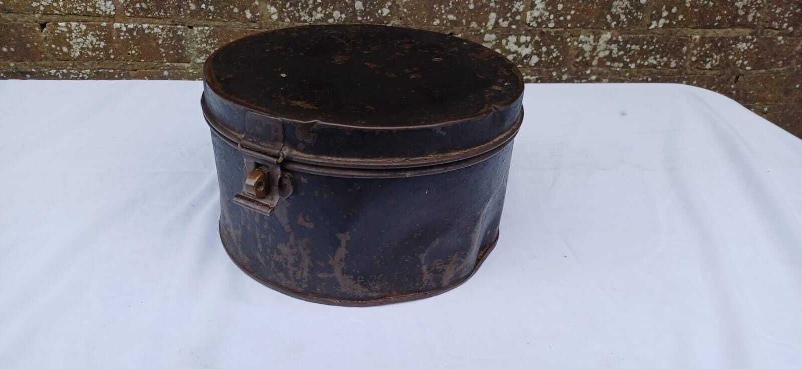 Antique Black Metal Hat Box, Rustic Industrial Storage Tin With Latch, 1920s Millinery Case, Steampunk Display Prop Decor photo for sale