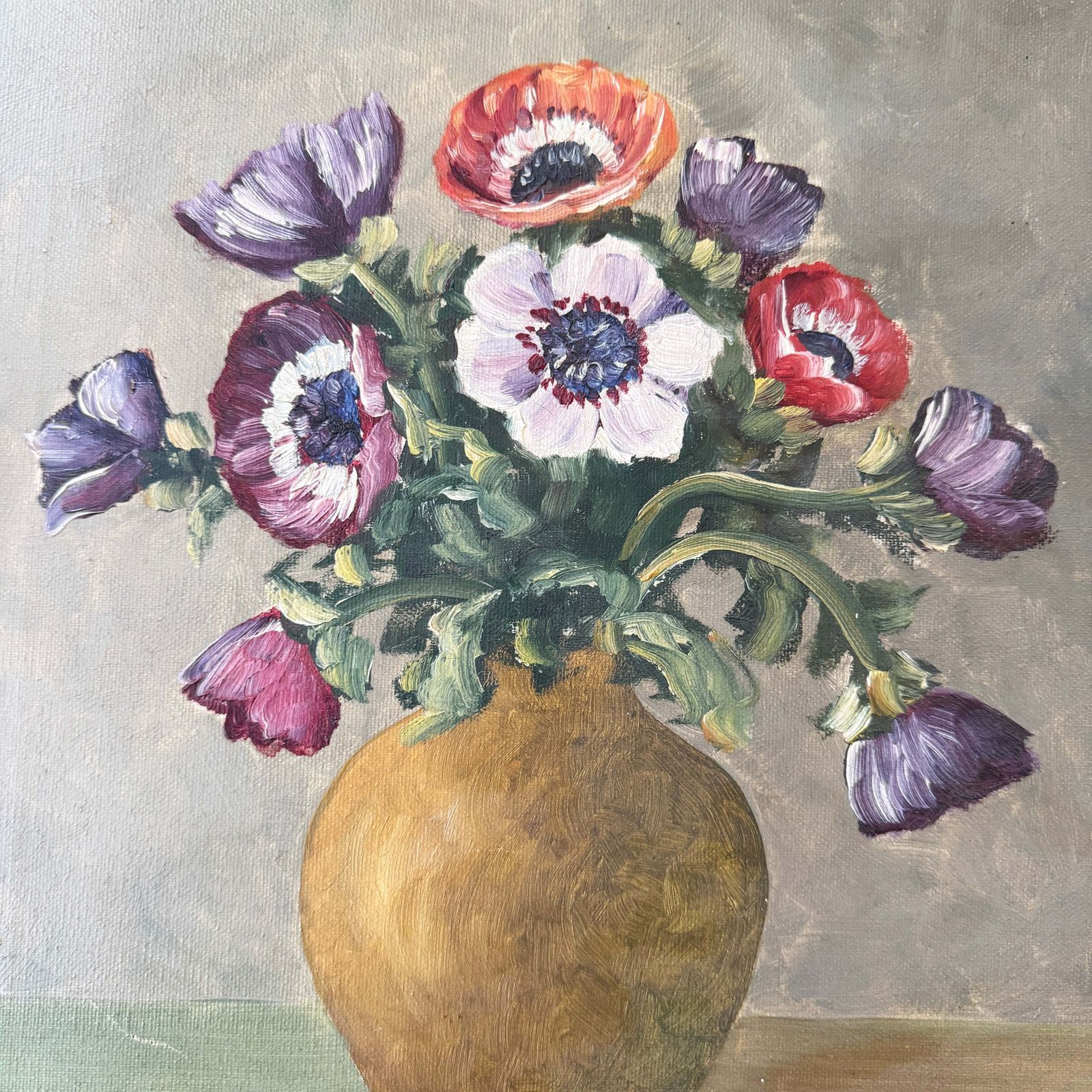 Anemones In Ochre Vase. Vintage Swedish Oil Painting. photo for sale