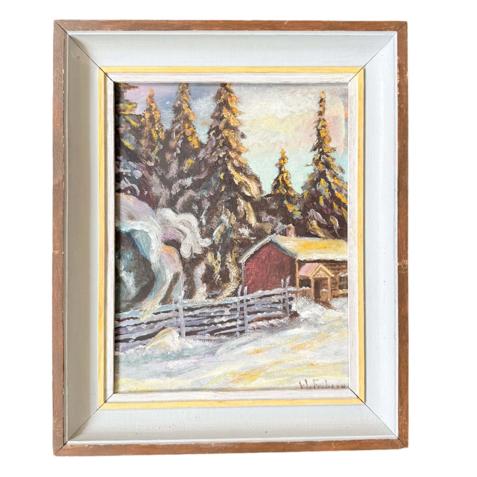 Golden Firs, Quiet Snow. Vintage Swedish Oil Painting.