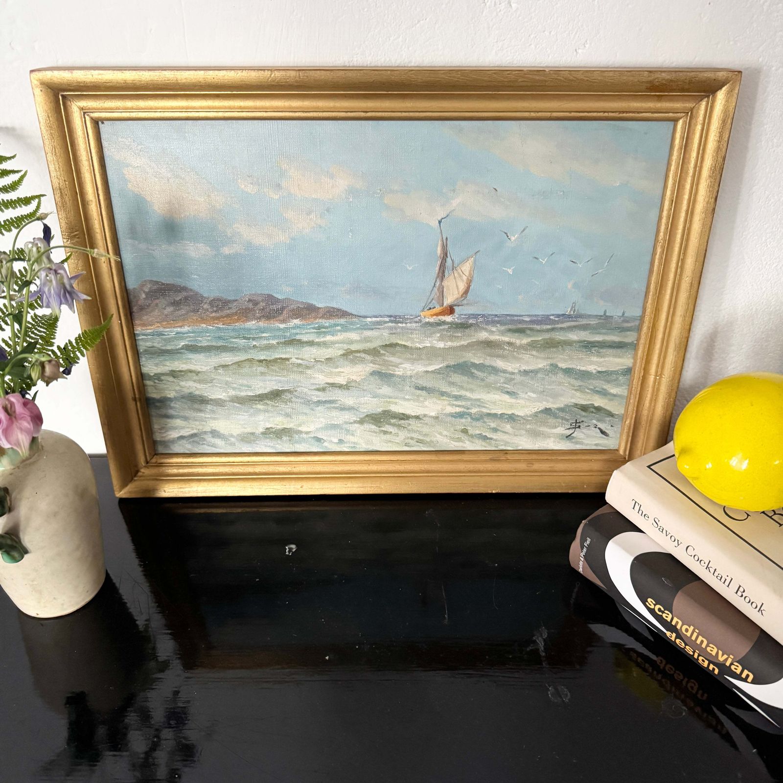 Across The Scandinavian Blue. Early 1900s Oil Painting. photo furniture