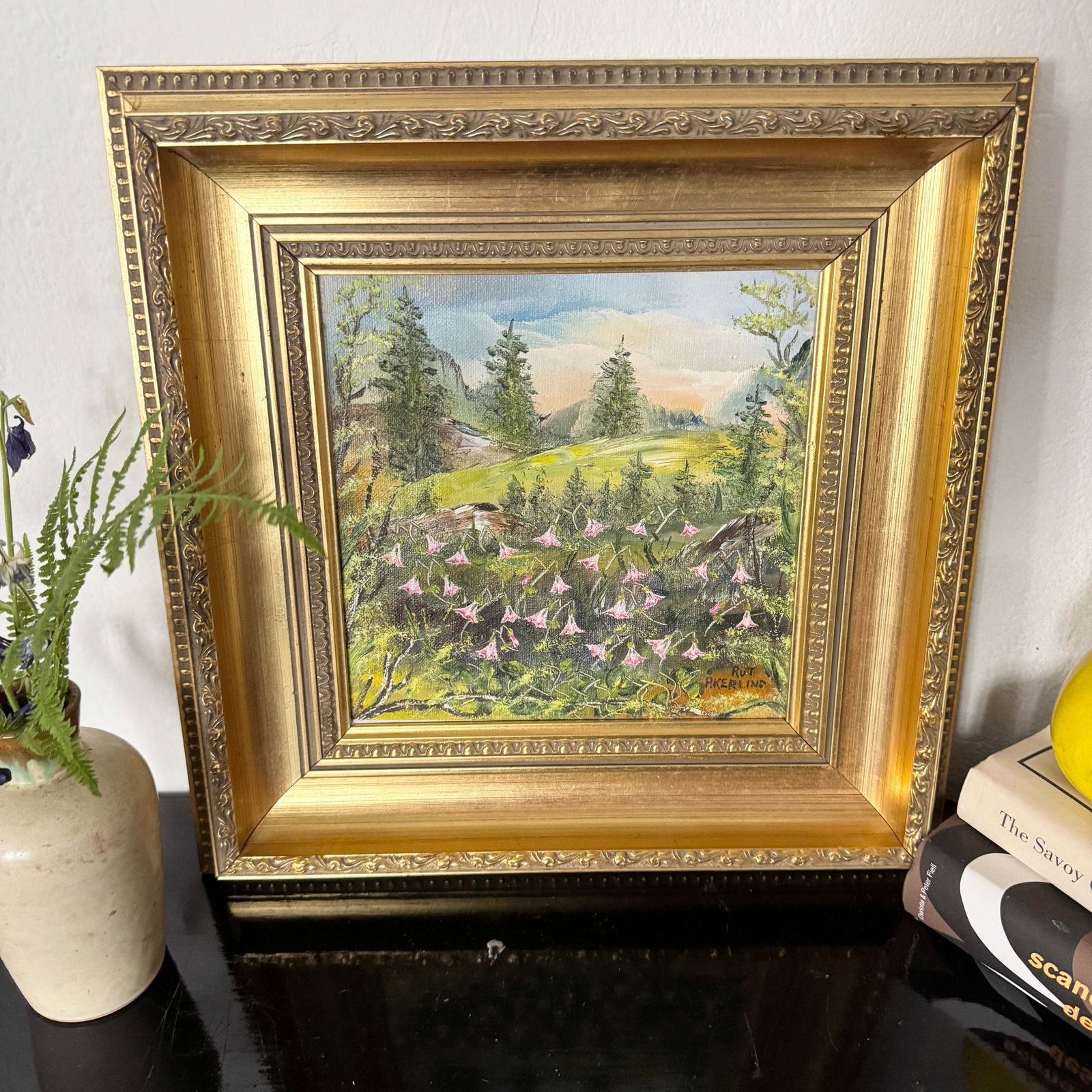 Linnaea Borealis. Vintage Swedish Oil Painting photo furniture