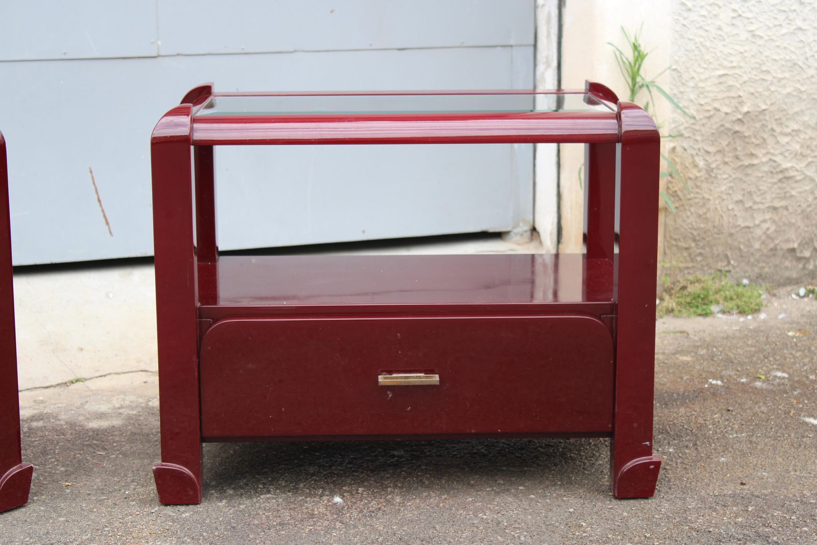 Pair Of Red Lacquer Nightstands With Drawers And Glass Top 1970 Italy photo for sale