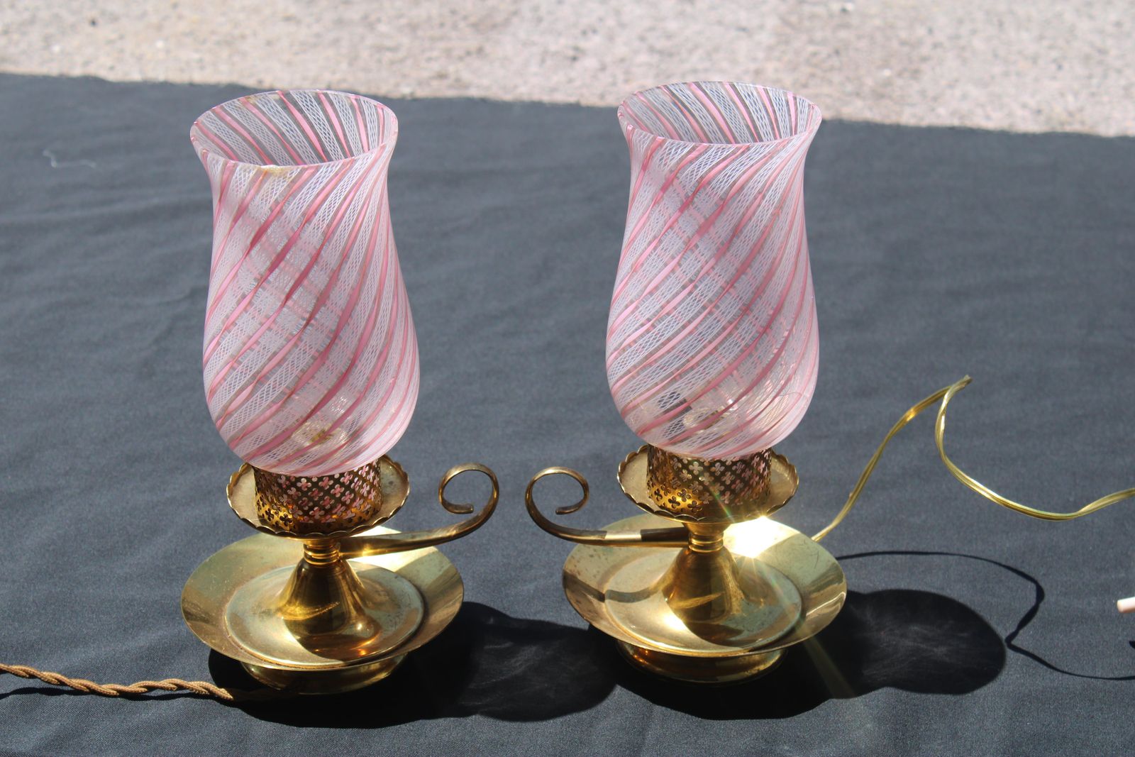 498.0 Pair Small Bedside Lamp Dino Martens For Toso 1950 Murano Pink Brass photo